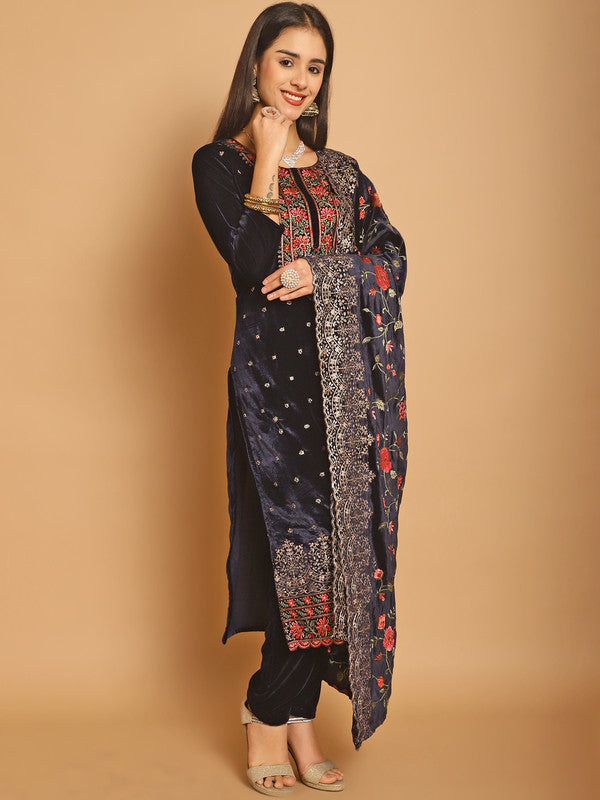 Jyoti Fashion Women's Navy Blue Velvet Floral Resham Thread with Jari & Sequince work Designer Straight Suit Set - Distacart