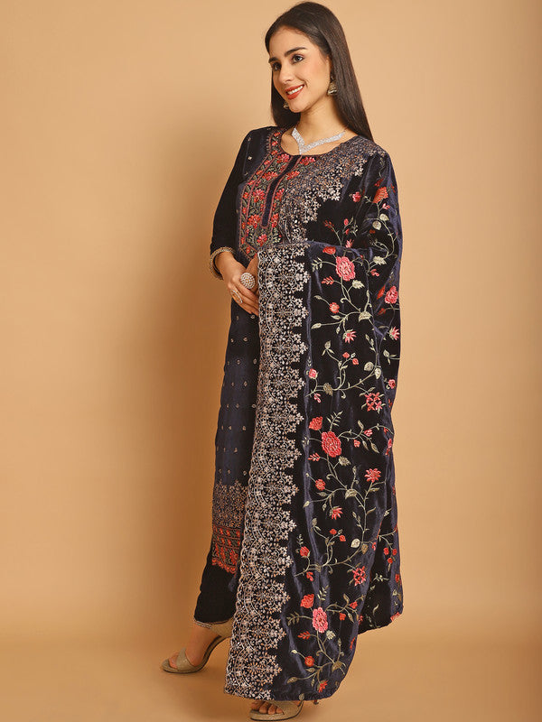 Jyoti Fashion Women's Navy Blue Velvet Floral Resham Thread with Jari & Sequince work Designer Straight Suit Set - Distacart