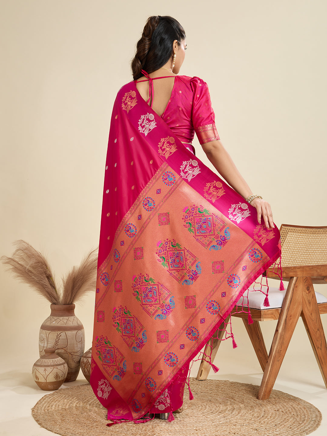 Jyoti Fashion Women's Rani Pink Soft Kanjivaram Paithani Silk Zari Woven Designer Saree with Blouse