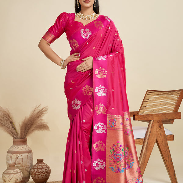 Jyoti Fashion Women's Rani Pink Soft Kanjivaram Paithani Silk Zari Woven Designer Saree with Blouse - Distacart
