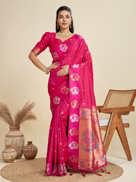 Jyoti Fashion Women's Rani Pink Soft Kanjivaram Paithani Silk Zari Woven Designer Saree with Blouse