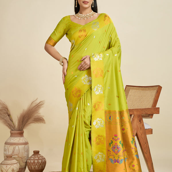 Jyoti Fashion Women's Mehendi Soft Kanjivaram Paithani Silk Zari Woven Designer Saree with Blouse - Distacart