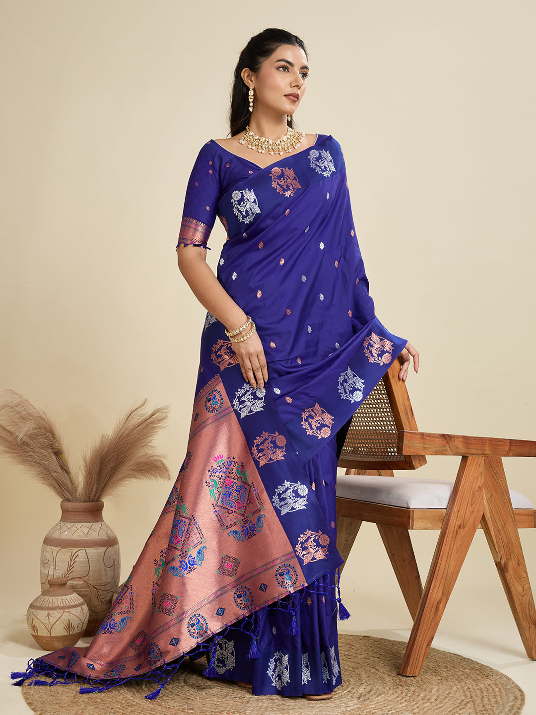 Jyoti Fashion Women's Blue Soft Kanjivaram Paithani Silk Zari Woven Designer Saree with Blouse