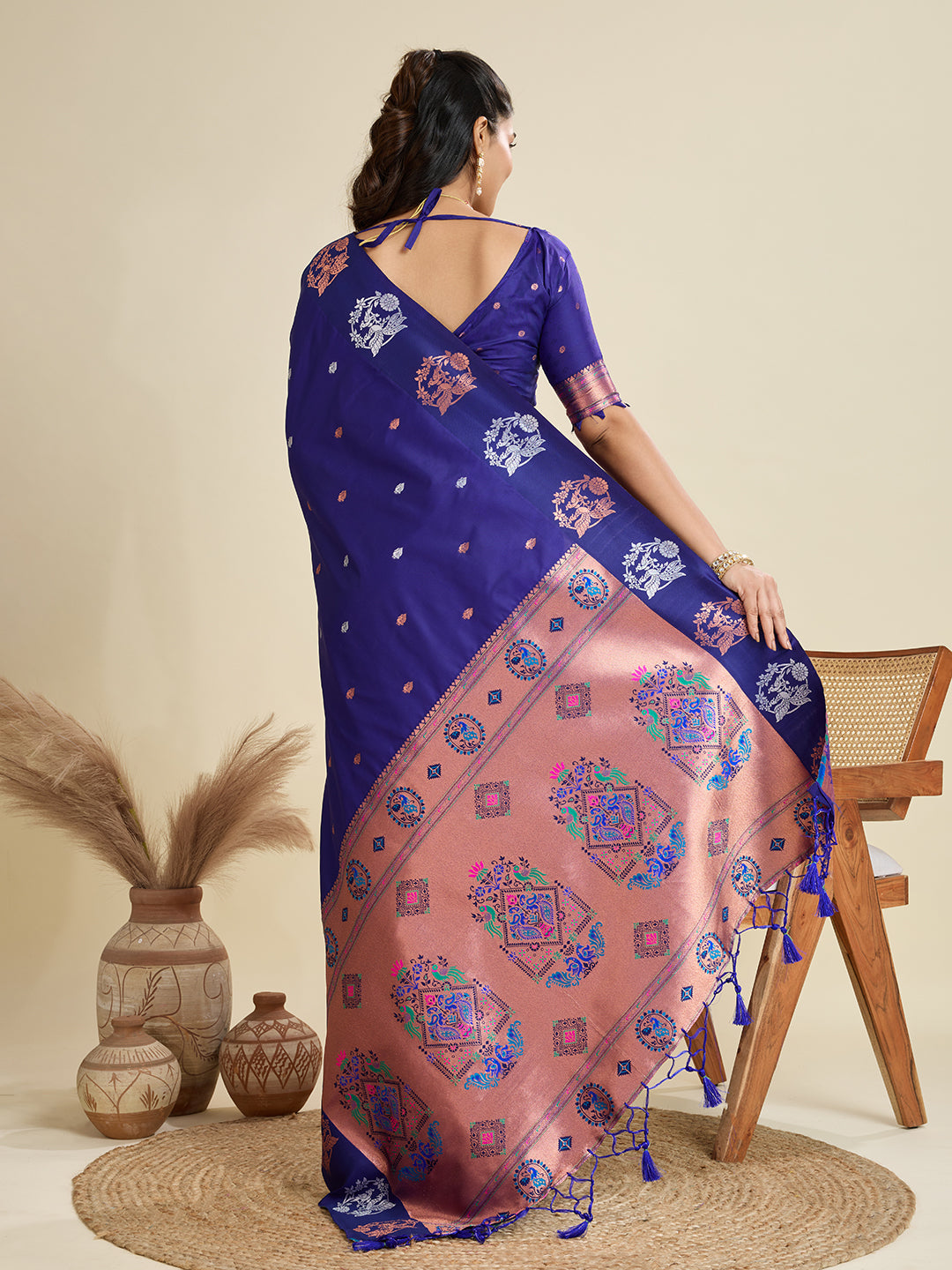 Jyoti Fashion Women's Blue Soft Kanjivaram Paithani Silk Zari Woven Designer Saree with Blouse