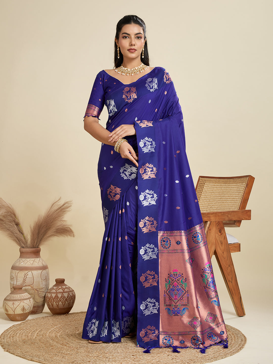 Jyoti Fashion Women's Blue Soft Kanjivaram Paithani Silk Zari Woven Designer Saree with Blouse