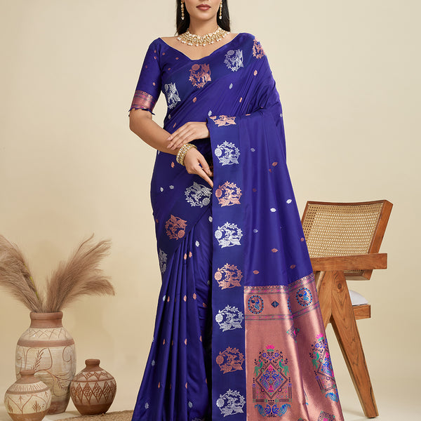 Jyoti Fashion Women's Blue Soft Kanjivaram Paithani Silk Zari Woven Designer Saree with Blouse