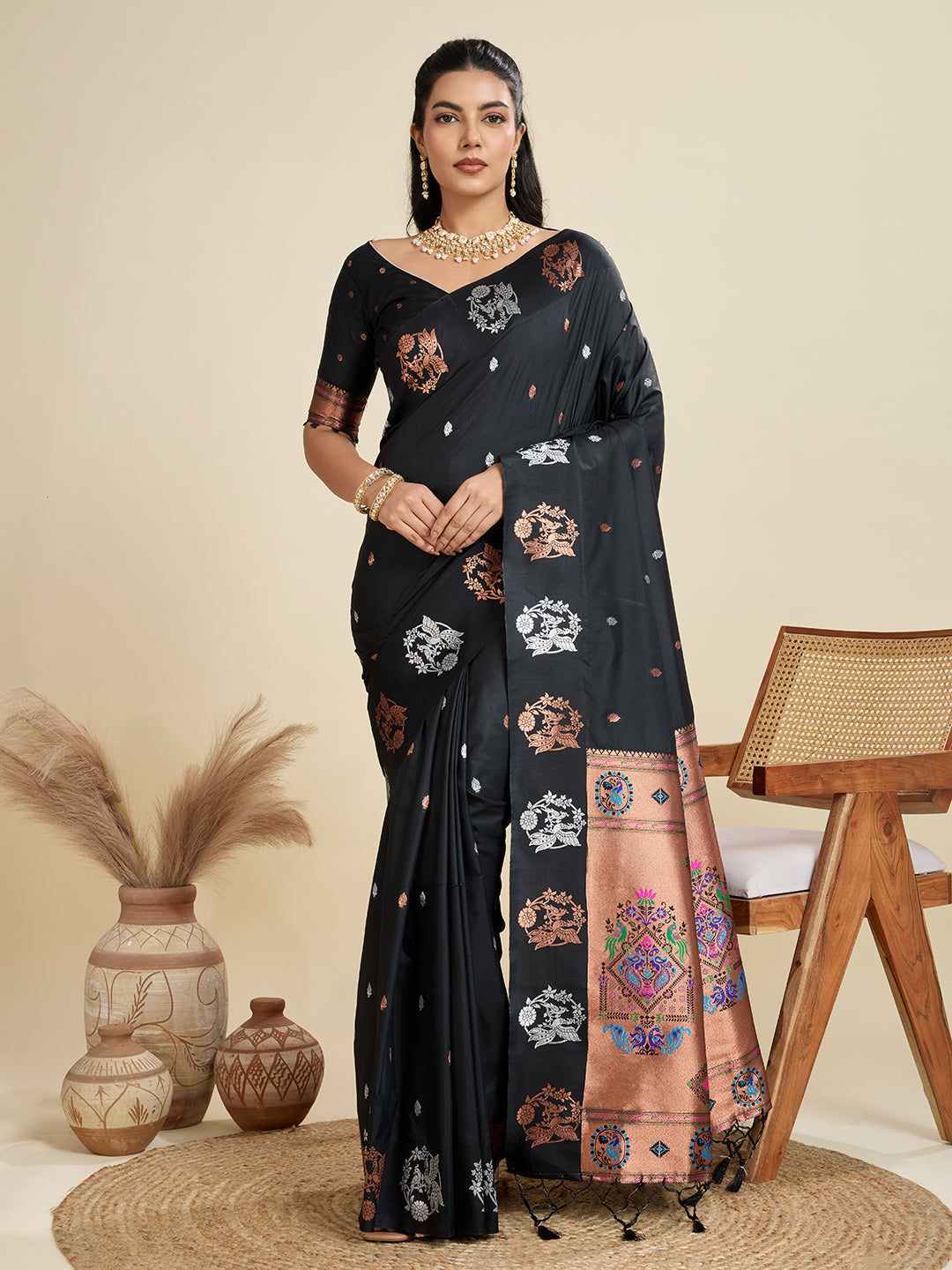 Jyoti Fashion Women's Black Soft Kanjivaram Paithani Silk Zari Woven Designer Saree with Blouse