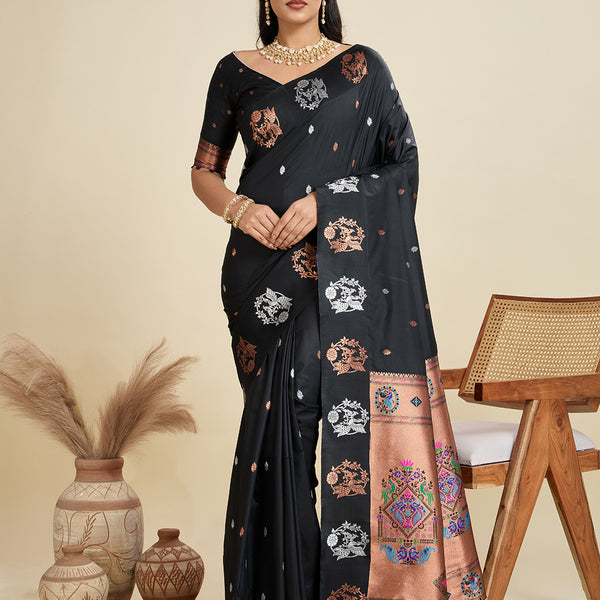 Jyoti Fashion Women's Black Soft Kanjivaram Paithani Silk Zari Woven Designer Saree with Blouse - Distacart