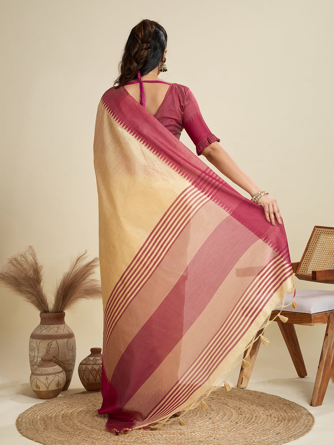Jyoti Fashion Women's Cream Khadi Raw Silk Temple Woven Border Designer Saree with Blouse