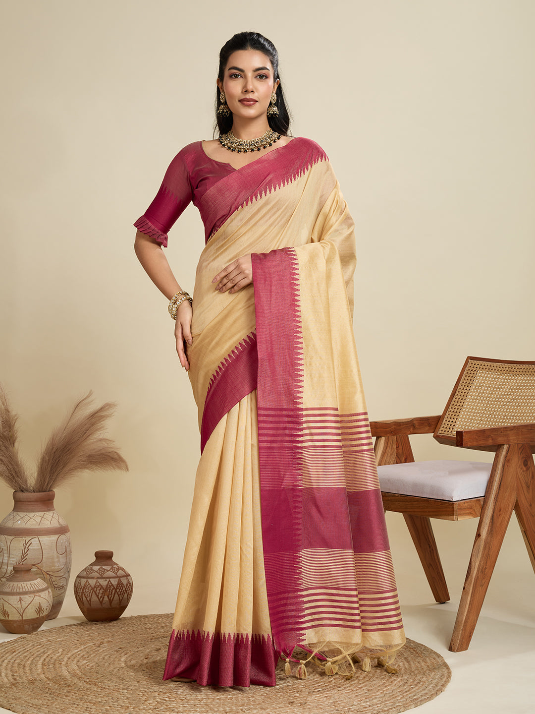 Jyoti Fashion Women's Cream Khadi Raw Silk Temple Woven Border Designer Saree with Blouse