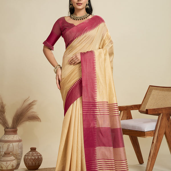 Jyoti Fashion Women's Cream Khadi Raw Silk Temple Woven Border Designer Saree with Blouse - Distacart