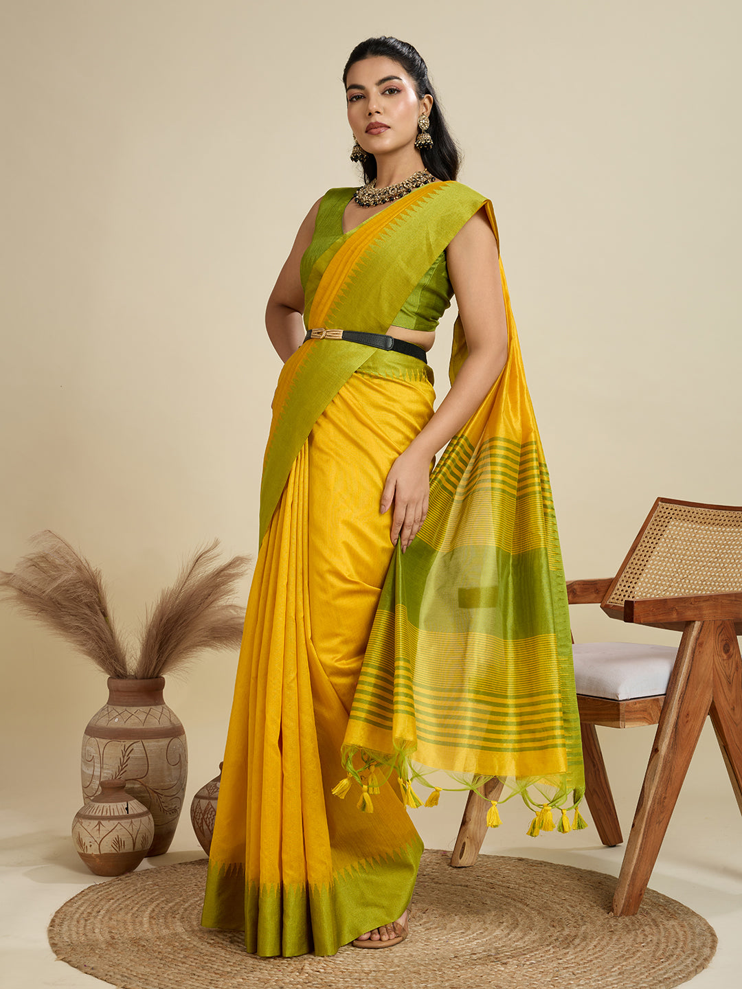 Jyoti Fashion Women's Yellow Khadi Raw Silk Temple Woven Border Designer Saree with Blouse