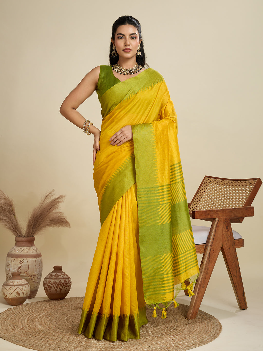 Jyoti Fashion Women's Yellow Khadi Raw Silk Temple Woven Border Designer Saree with Blouse