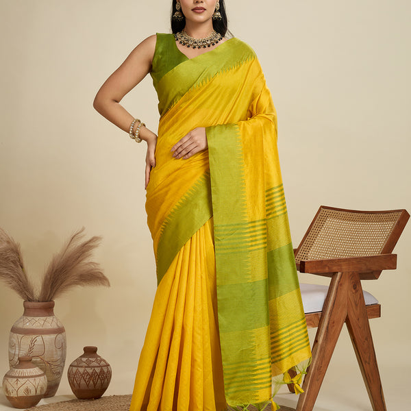 Jyoti Fashion Women's Yellow Khadi Raw Silk Temple Woven Border Designer Saree with Blouse - Distacart