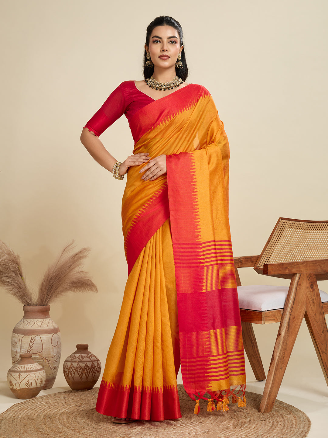 Jyoti Fashion Women's Mustard Khadi Raw Silk Temple Woven Border Designer Saree with Blouse