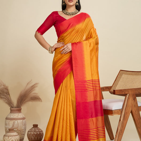 Jyoti Fashion Women's Mustard Khadi Raw Silk Temple Woven Border Designer Saree with Blouse - Distacart