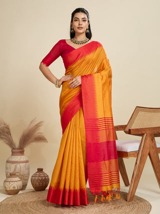 Jyoti Fashion Women's Mustard Khadi Raw Silk Temple Woven Border Designer Saree with Blouse