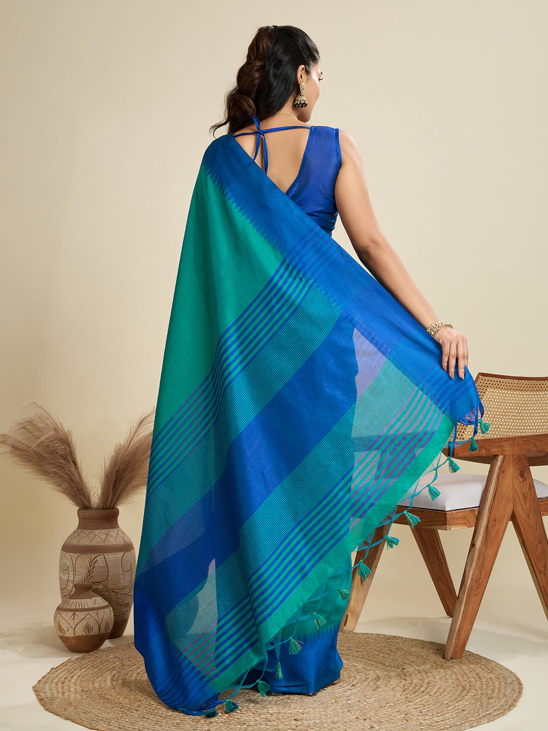 Jyoti Fashion Women's Rama Khadi Raw Silk Temple Woven Border Designer Saree with Blouse