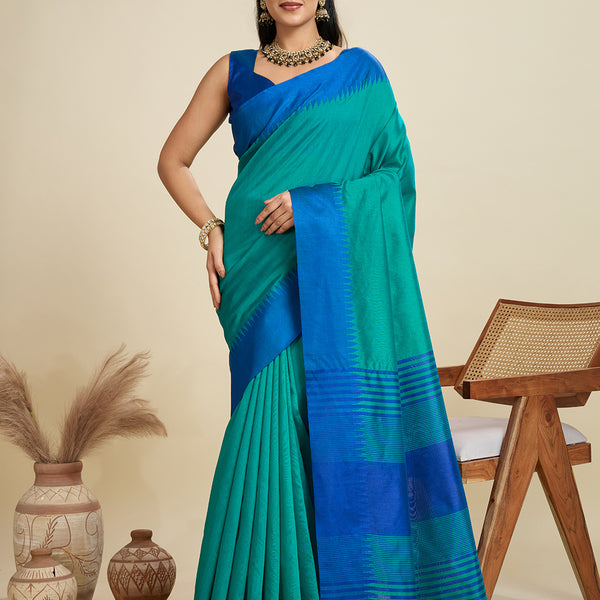 Jyoti Fashion Women's Rama Khadi Raw Silk Temple Woven Border Designer Saree with Blouse - Distacart