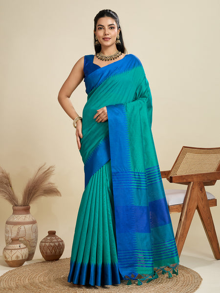 Jyoti Fashion Women's Rama Khadi Raw Silk Temple Woven Border Designer Saree with Blouse