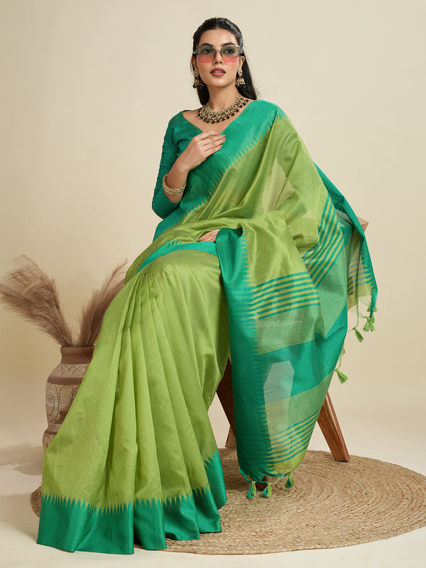 Jyoti Fashion Women's Mehendi Khadi Raw Silk Temple Woven Border Designer Saree with Blouse
