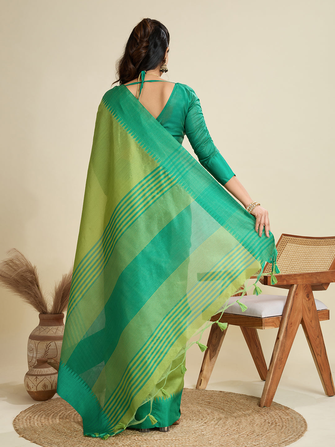 Jyoti Fashion Women's Mehendi Khadi Raw Silk Temple Woven Border Designer Saree with Blouse