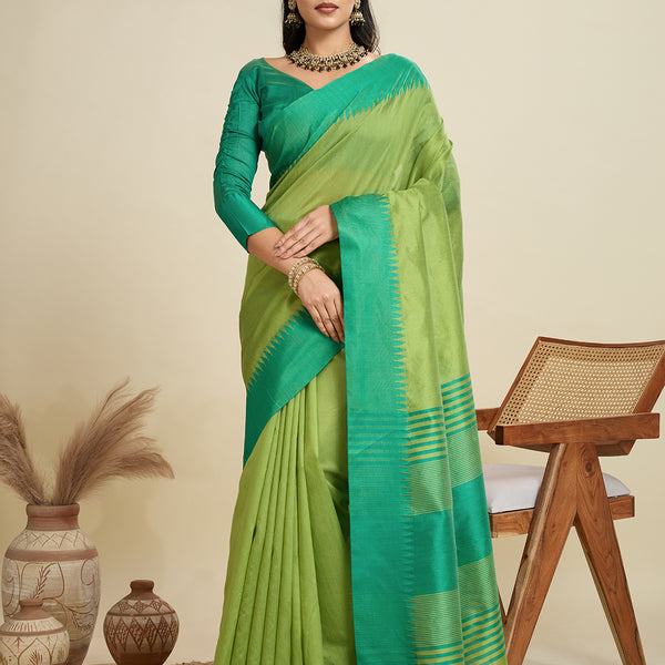 Jyoti Fashion Women's Mehendi Khadi Raw Silk Temple Woven Border Designer Saree with Blouse - Distacart