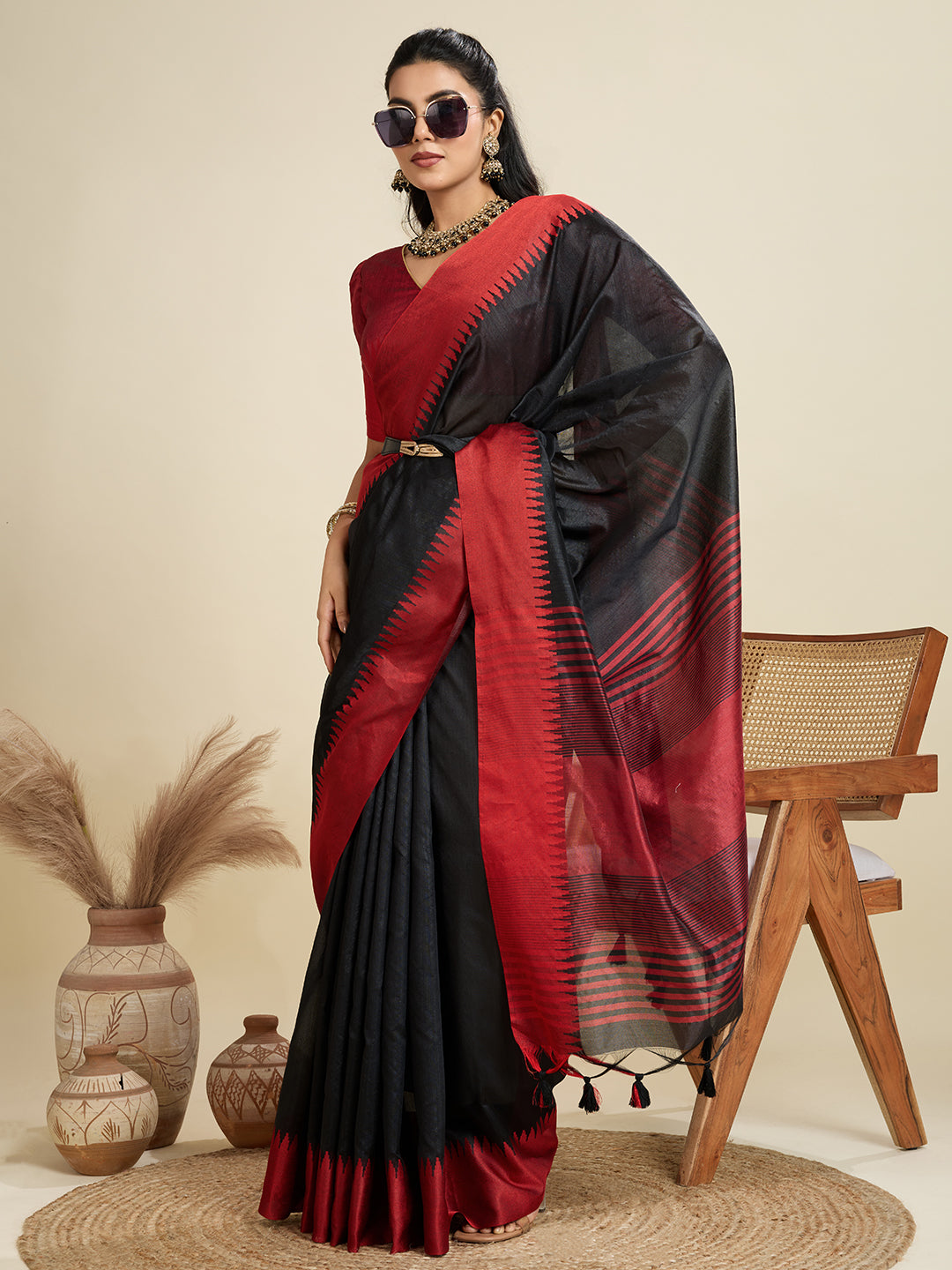 Jyoti Fashion Women's Black Khadi Raw Silk Temple Woven Border Designer Saree with Blouse