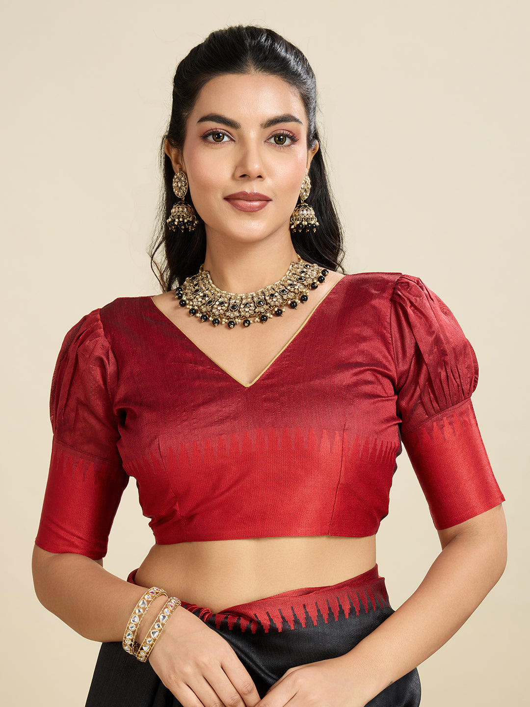 Jyoti Fashion Women's Black Khadi Raw Silk Temple Woven Border Designer Saree with Blouse
