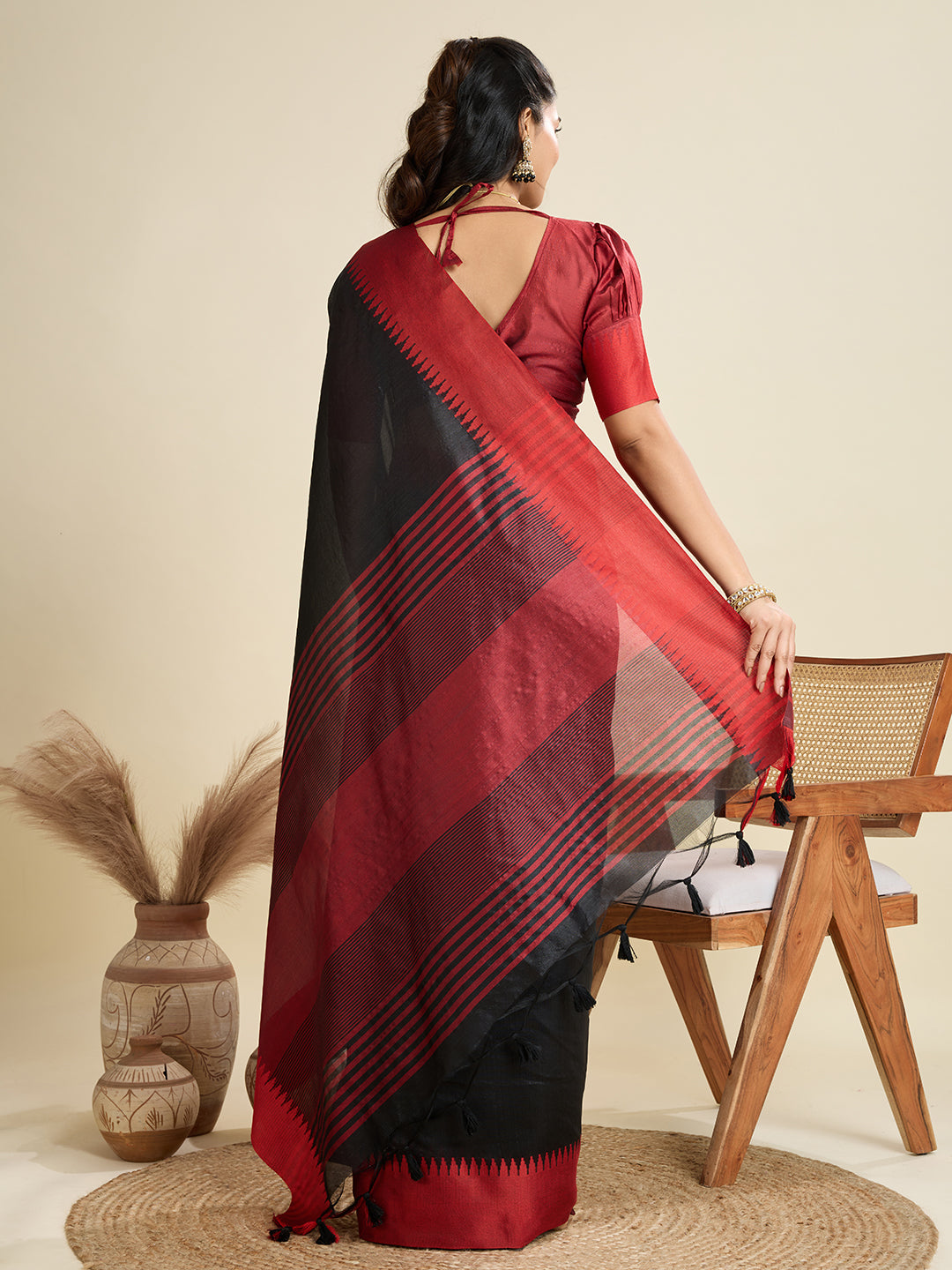 Jyoti Fashion Women's Black Khadi Raw Silk Temple Woven Border Designer Saree with Blouse
