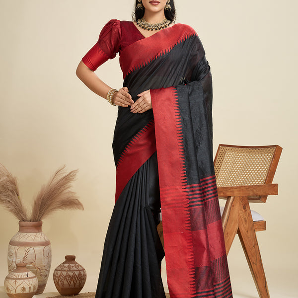 Jyoti Fashion Women's Black Khadi Raw Silk Temple Woven Border Designer Saree with Blouse - Distacart