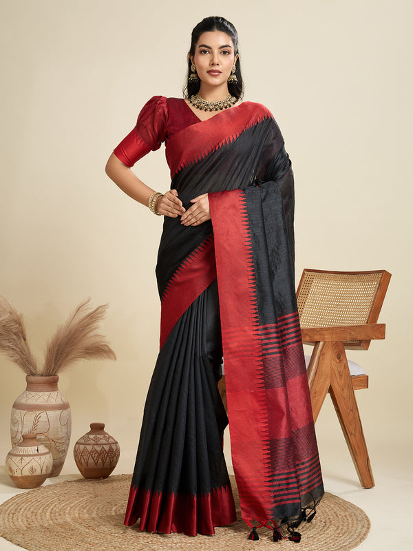 Jyoti Fashion Women's Black Khadi Raw Silk Temple Woven Border Designer Saree with Blouse