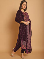 Thumbnail for Jyoti Fashion Women's Wine Velvet Floral Resham Thread with Jari & Sequince work Designer Straight Suit Set - Distacart