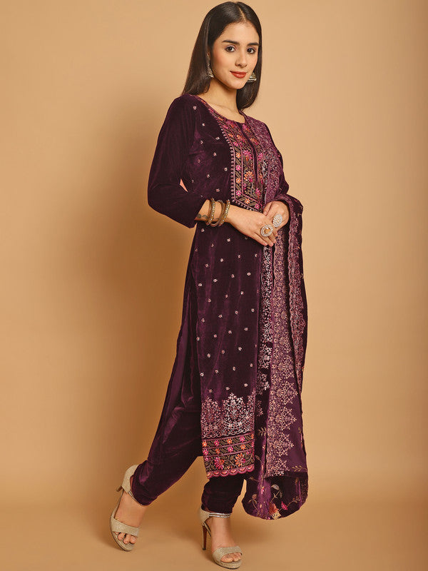 Jyoti Fashion Women's Wine Velvet Floral Resham Thread with Jari & Sequince work Designer Straight Suit Set - Distacart