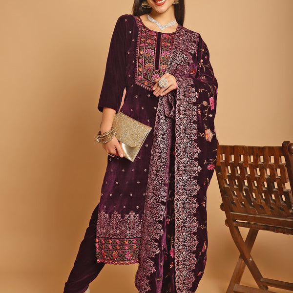 Jyoti Fashion Women's Wine Velvet Floral Resham Thread with Jari & Sequince work Designer Straight Suit Set - Distacart