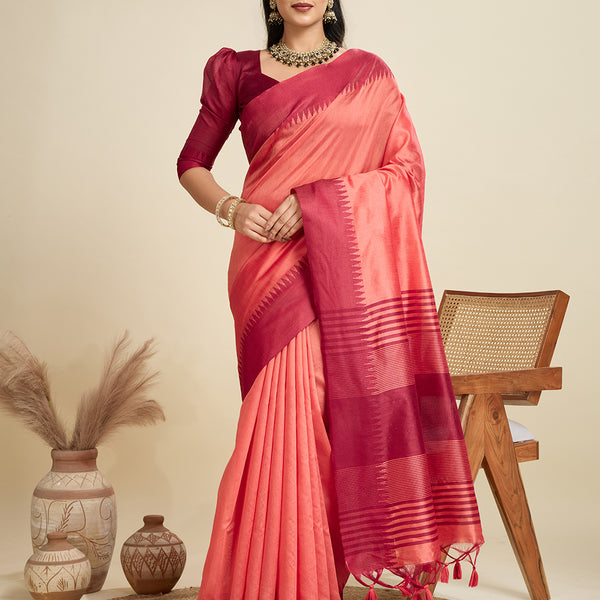 Jyoti Fashion Women's Peach Khadi Raw Silk Temple Woven Border Designer Saree with Blouse - Distacart