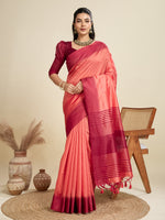 Thumbnail for Jyoti Fashion Women's Peach Khadi Raw Silk Temple Woven Border Designer Saree with Blouse