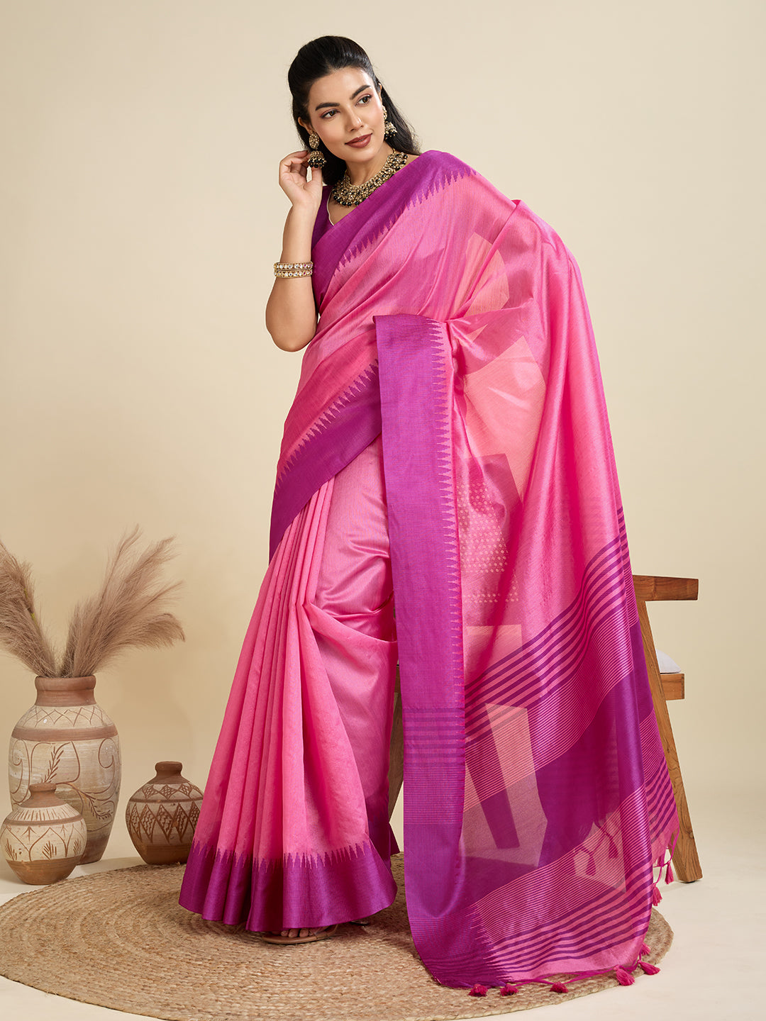 Jyoti Fashion Women's Pink Khadi Raw Silk Temple Woven Border Designer Saree with Blouse