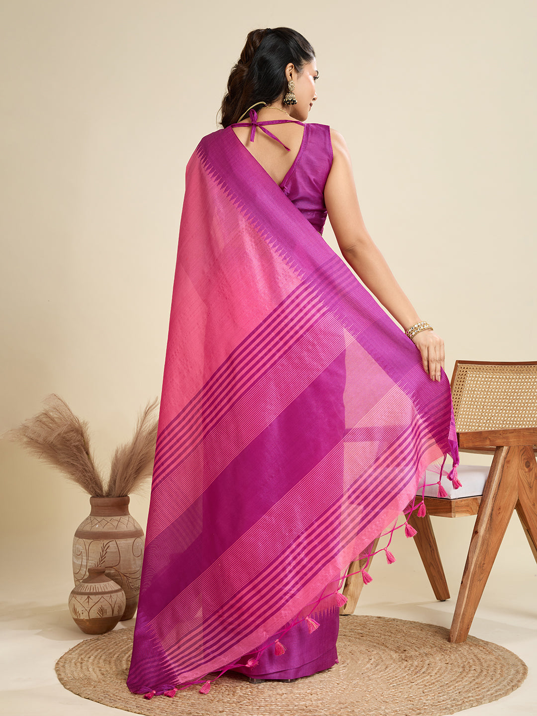 Jyoti Fashion Women's Pink Khadi Raw Silk Temple Woven Border Designer Saree with Blouse