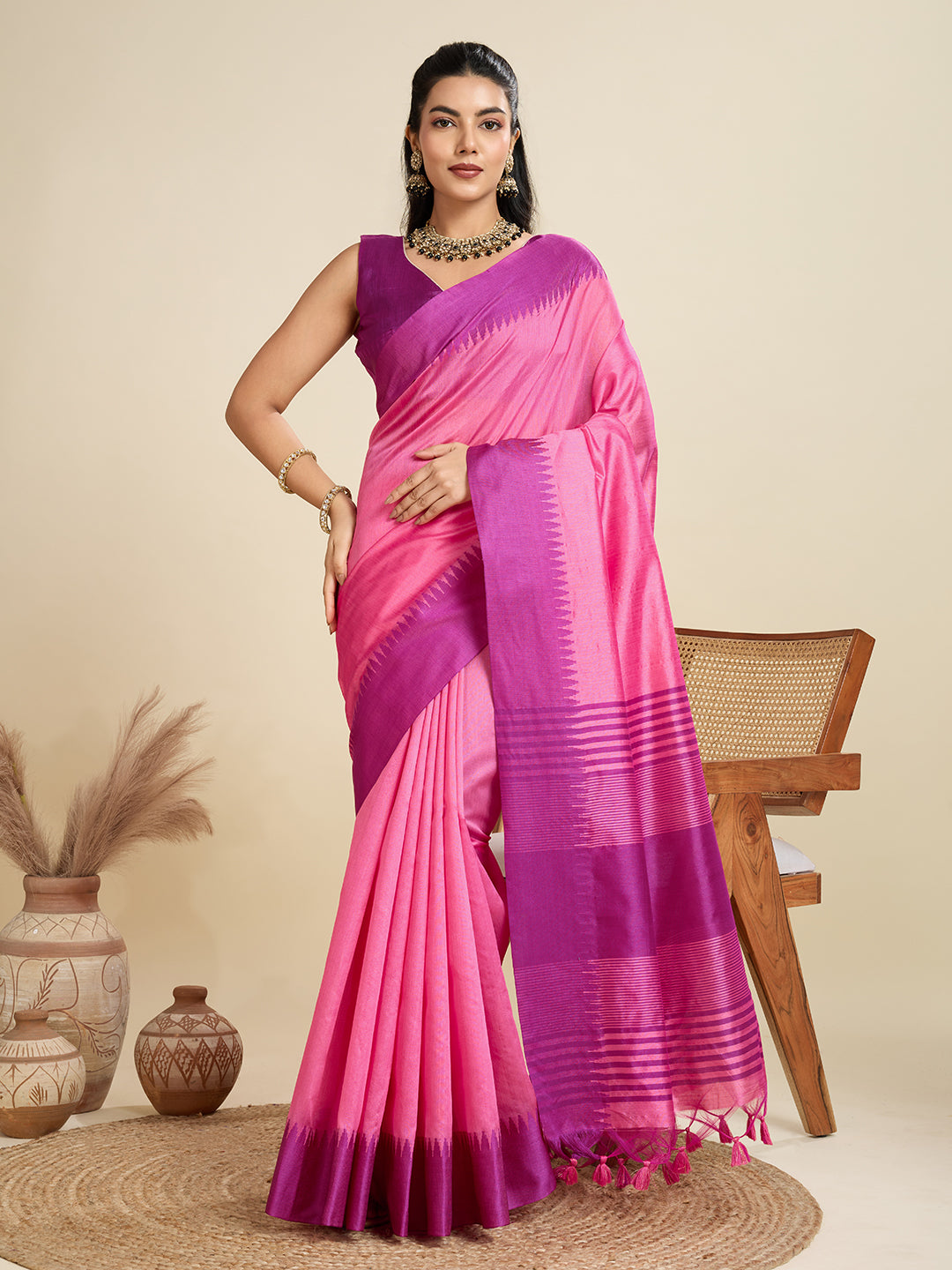 Jyoti Fashion Women's Pink Khadi Raw Silk Temple Woven Border Designer Saree with Blouse