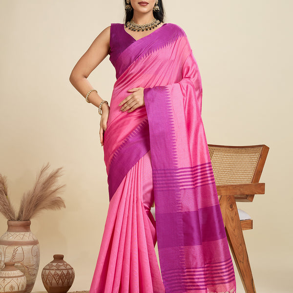 Jyoti Fashion Women's Pink Khadi Raw Silk Temple Woven Border Designer Saree with Blouse - Distacart