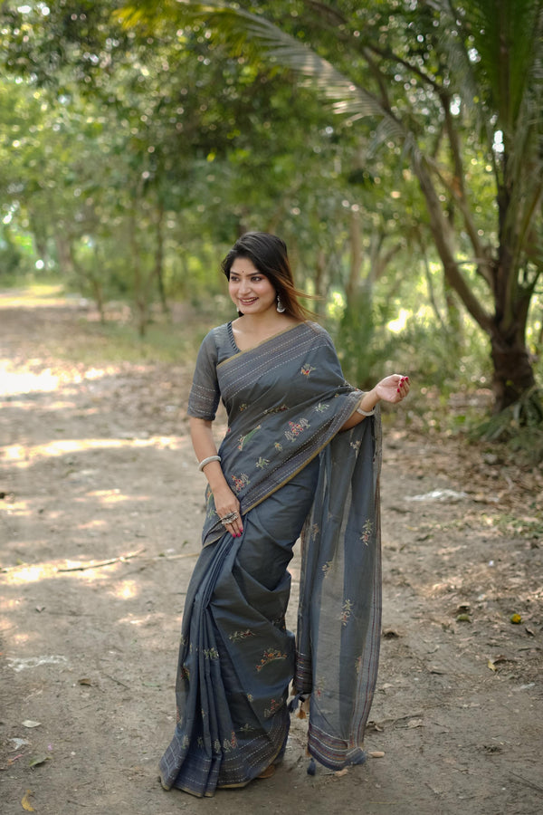 Jyoti Fashion Women's Grey Tussar Silk Traditional Thread Work Designer Saree with Blouse