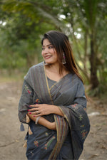 Thumbnail for Jyoti Fashion Women's Grey Tussar Silk Traditional Thread Work Designer Saree with Blouse