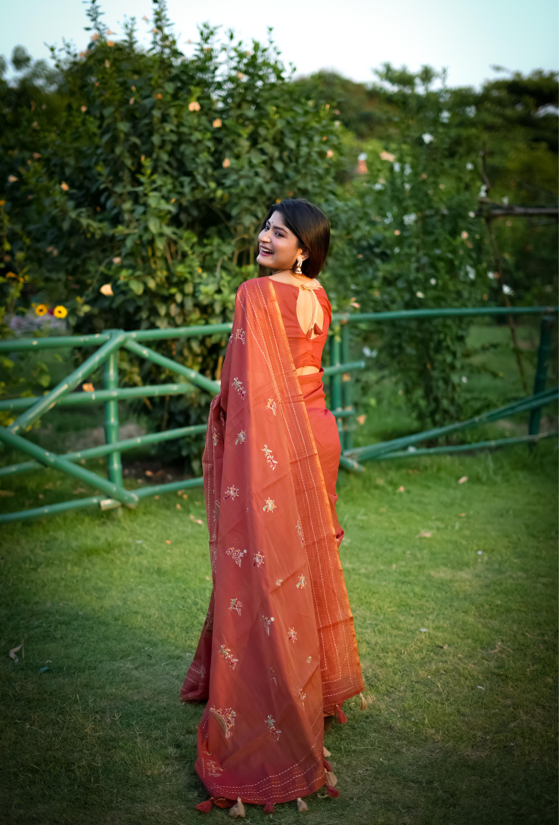 Jyoti Fashion Women's Orange Tussar Silk Traditional Thread Work Designer Saree with Blouse