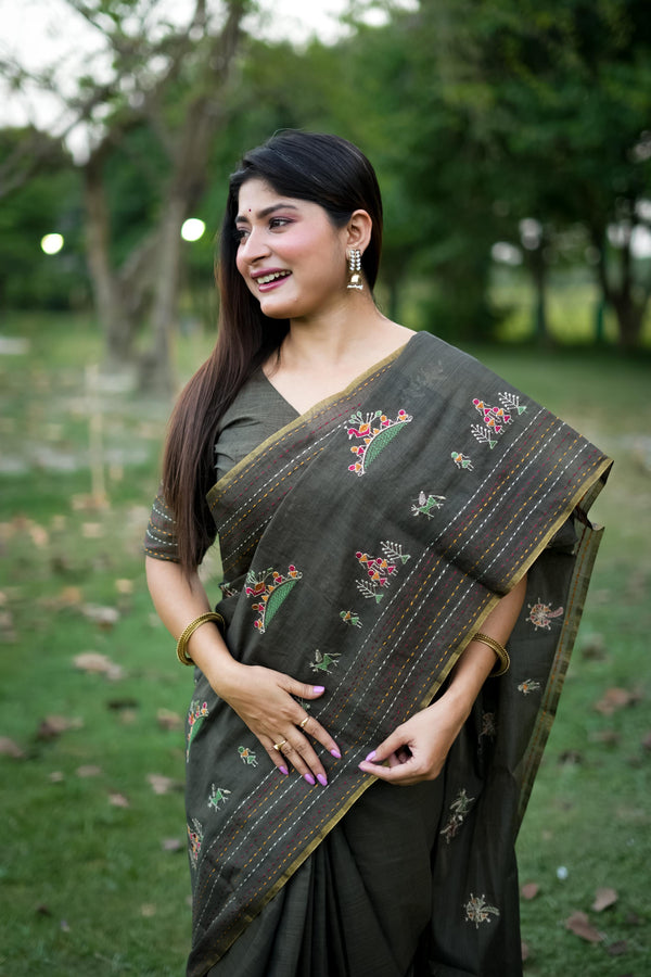 Jyoti Fashion Women's Black Tussar Silk Traditional Thread Work Designer Saree with Blouse