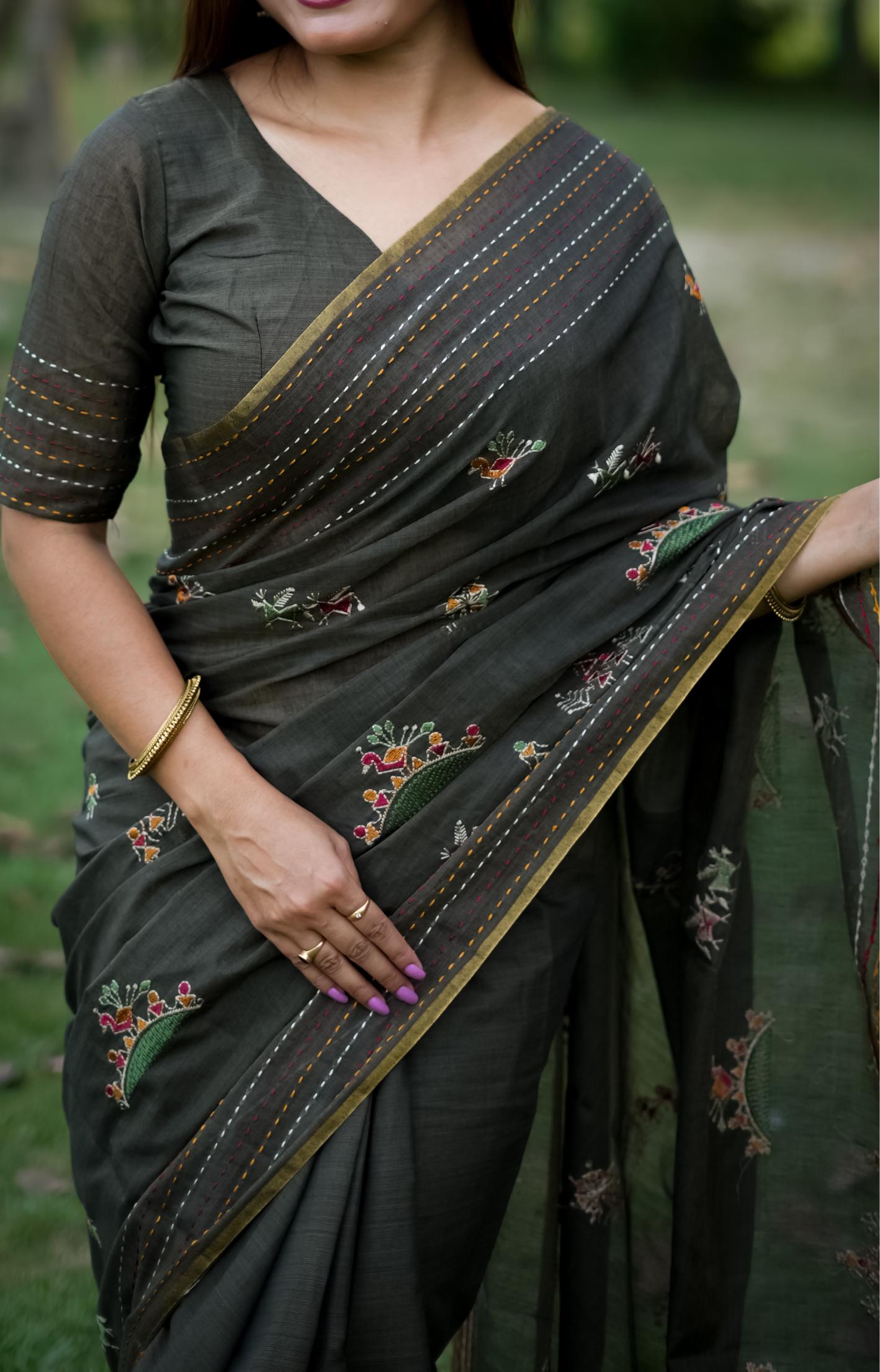 Jyoti Fashion Women's Black Tussar Silk Traditional Thread Work Designer Saree with Blouse