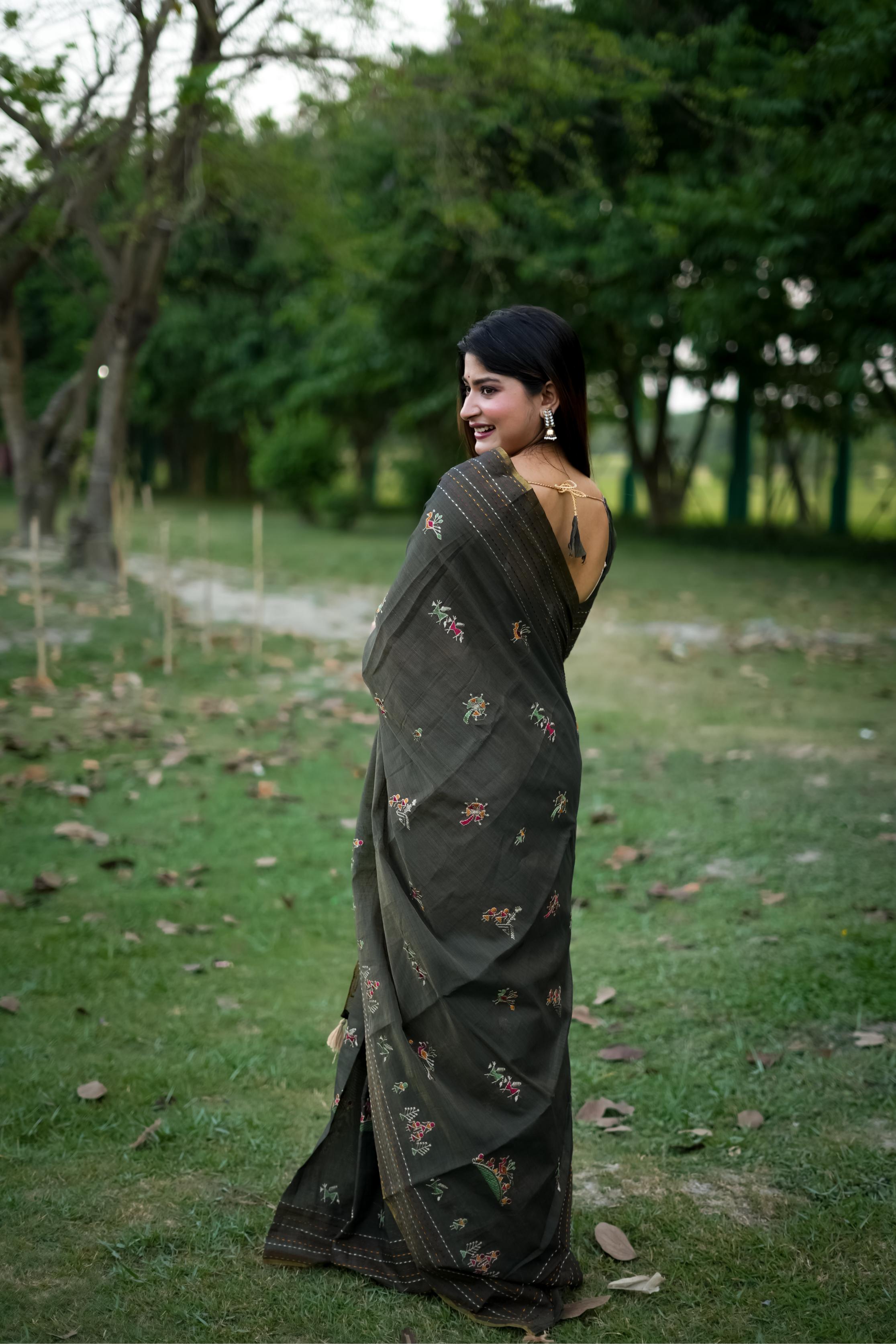 Jyoti Fashion Women's Black Tussar Silk Traditional Thread Work Designer Saree with Blouse
