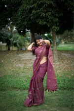 Thumbnail for Jyoti Fashion Women's Wine Tussar Silk Traditional Thread Work Designer Saree with Blouse