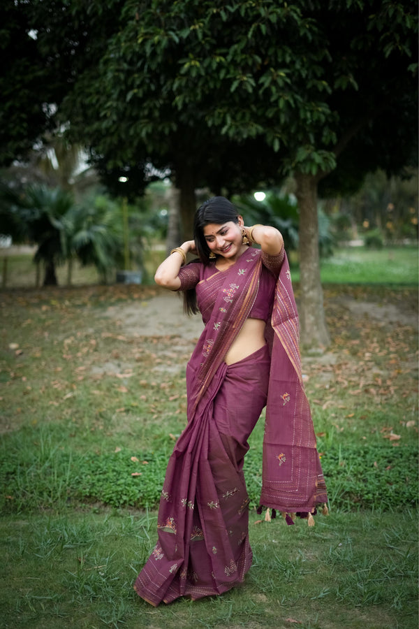 Jyoti Fashion Women's Wine Tussar Silk Traditional Thread Work Designer Saree with Blouse