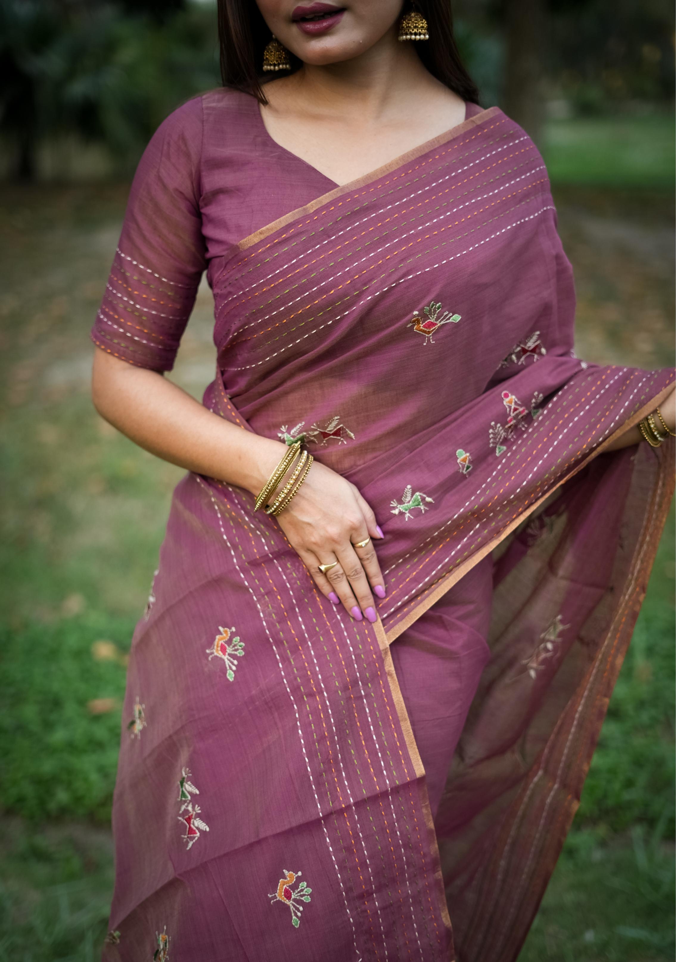 Jyoti Fashion Women's Wine Tussar Silk Traditional Thread Work Designer Saree with Blouse
